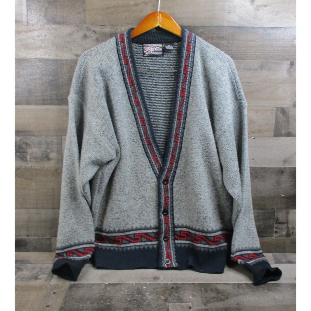 Vintage Anchor Blue Cardigan Sweater Mens Medium Gray Geometric Button Knit 90s